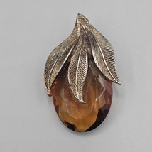 Vtg Amber Glass Facet Cut Brooch Pin Fruit Leaf Gold Tone Convertible Pe... - $19.99