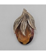 Vtg Amber Glass Facet Cut Brooch Pin Fruit Leaf Gold Tone Convertible Pe... - $27.11 CAD