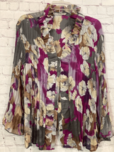 Signature by Larry Levine Women Large Button Front Blouse Gray Pink Floral Flowy - £19.38 GBP