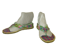 Skechers Thong Slide Sandals Plaid Canvas Fringe Trim Green Insole Women... - $12.86