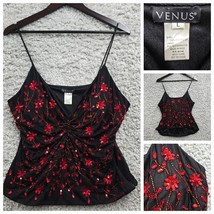 Vtg Venus Top Womens Large Black Red Floral Seqin Fairy Grunge Whimisgot... - $44.95