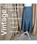 New   Vintage Navy Blue &amp; Beige  Detail Maxi Skirt Size 12 - £30.68 GBP