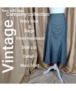 New   Vintage Navy Blue &amp; Beige  Detail Maxi Skirt Size 12 - £29.34 GBP