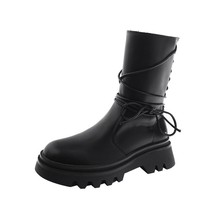New Queen Handsome Retro Thick-soled Mid-tube Fashion Boots Women&#39;s Microfiber S - £65.72 GBP