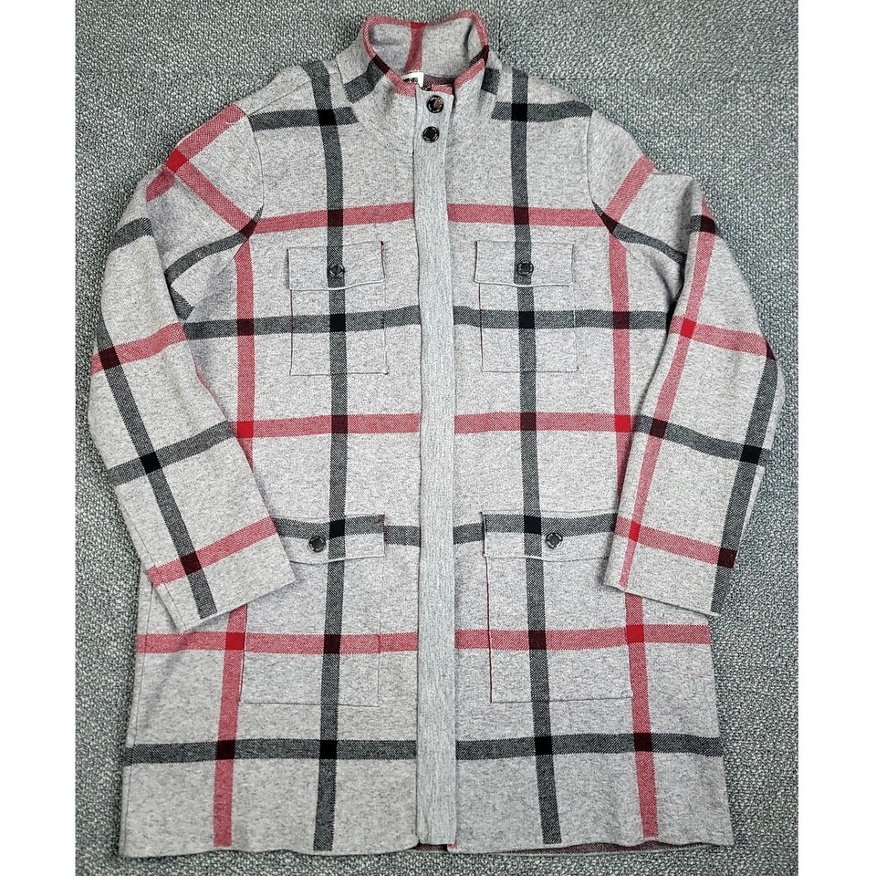 Anne Klein Sweater Jacket Women&#39;s XL Knit Full Zip Heather Gray Plaid Long - $46.97