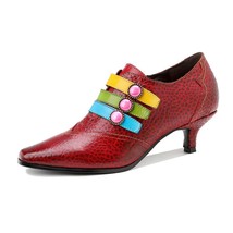 Johnature Pumps Women Shoes Mixed Colors Pointed Toe Retro Leather 2021 New High - £95.46 GBP