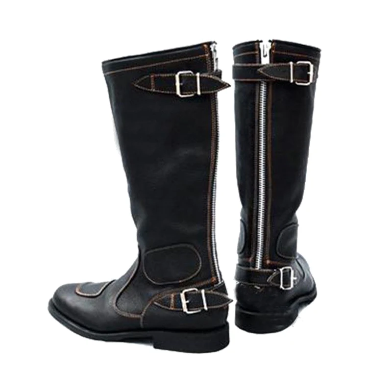 Mens Vintage boy Motorcycle Boots Black PU Leather Back Zip Mid Calf Buckle Low  - £111.36 GBP