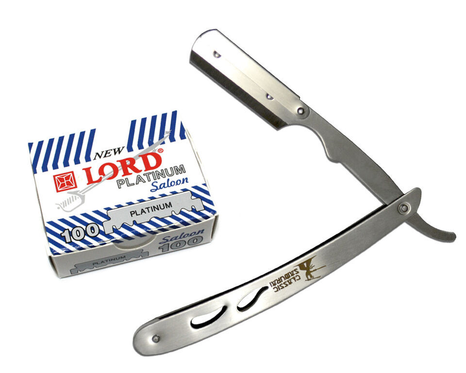 Stainless Steel Straight Edge Barber Razor + 100 Lord Platinum Single Bl... - $15.83