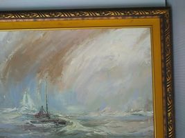 Oil on Canvas Painting by Julio Carballosa Small Boat Storm at Sea Framed 43x31 image 5