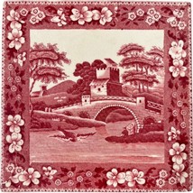 Copeland Spode&#39;s Tower Red Footed Trivet Square 6&quot; Transferware Oval  Stamp Vtg - £56.05 GBP
