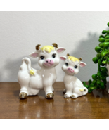 Vintage Cow and Calf Salt Pepper Shakers Gold Accents Elsie Stoppers Japan - $19.35