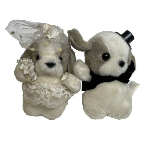 Vintage House of Lloyd 4" Mini Bride and Groom Dog Plush Wedding Couple Toys - £15.85 GBP