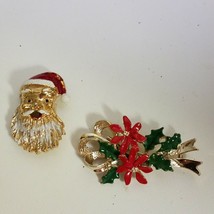 Gerrys Santa and Poinsettia Pins Brooch Enamel Gold Tone Signed Vintage ... - $19.00