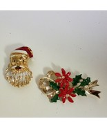 Gerrys Santa and Poinsettia Pins Brooch Enamel Gold Tone Signed Vintage ... - $19.00