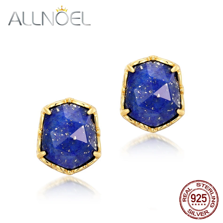 925 Sterling Sliver Stud Earring For Women Natural Blue Lapis Lazuli Gold Plated - £40.29 GBP