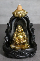 Golden Laughing Buddha Hotei On Black Cloud Lotus Backflow Incense Cone Burner - £15.41 GBP