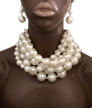 Statement Chunky Layered Faux Pearls Choker Necklace Earrings Set Bridal Stage - £41.75 GBP