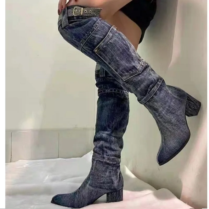Spring Autumn New European America Style Thick Pointed Toe Pockets Denim Women O - £161.00 GBP