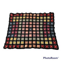 Vtg Handmade Black Granny Square Crochet Afghan Blanket Throw 41 x 46&quot; - £28.38 GBP