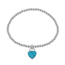 Chic Romantic Heart Blue Turquoise Inlay Sterling Silver Bead Charm Bracelet - £16.60 GBP