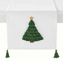 Christmas Evergreen Tassel Tree Table Runner Embellished 72x14&quot; White Green - £30.26 GBP