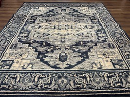 Heriz Pattern Rug 8x10, Modern Heriz Carpet Geometric Area Rug Oat and Navy Blue - £639.67 GBP