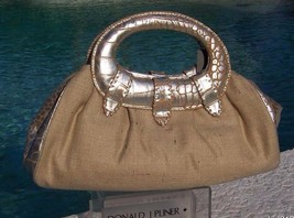 Donald J Pliner Gator Metallic Leather Linen Purse Handbag New Lge Tote ... - $191.25