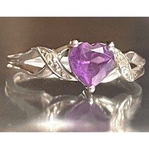 White Gold Amethyst And Diamond Heart Ring Size 6.75 Sky - $267.32