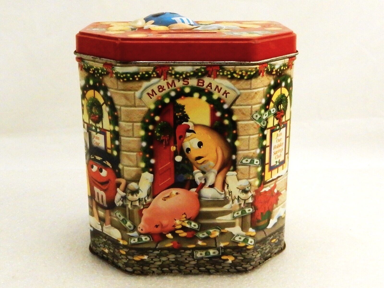 M&amp;Ms Christmas Village Series Coin Bank, 2003 Metal Canister #17, Good C... - $19.55