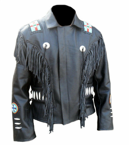 Black Western Cowboy Fringed Concho Finished Cow Leather Beaded Patches Jacket