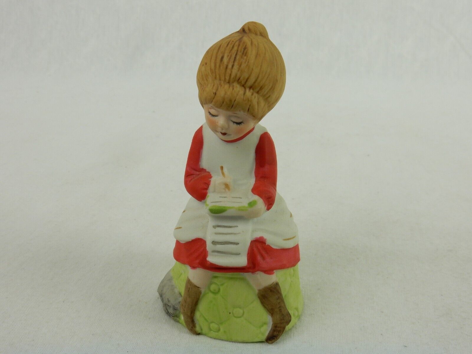 Jasco Porcelain Bisque Christmas Bell, Girl W/Kitten & Wish List, Vintage 1970s - $19.55