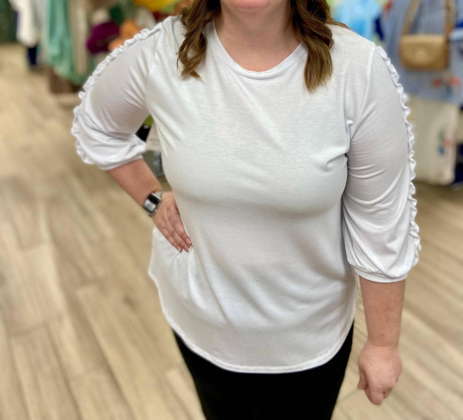Southern Lady Ruffle Arm Round Neck Top White - $44.00