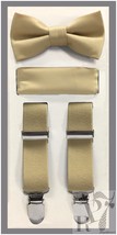 Beige NEW Boy&#39;s Clip Suspender Bow tie &amp; Pocket Square Handkerchief 3 pi... - $18.29