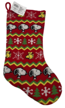 Peanuts Snoopy Woodstock Christmas Stocking 18&quot; Red Knit Snowflakes Trees - £14.19 GBP