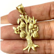 Lucky Money Tree Pendant Charm 1.75 inch Diamond Cut 14K Yellow Gold Finish - £89.10 GBP