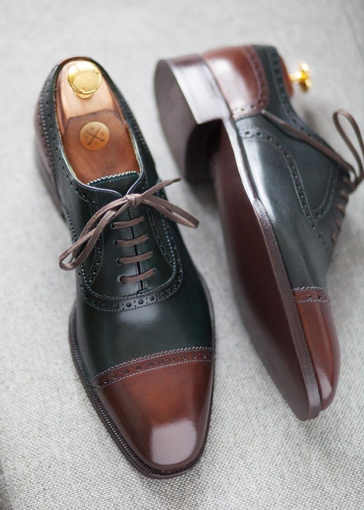 Black Brown Rounded Derby Cap Toe Two Tone Handmade Vintage Leather Laceup Shoes