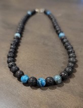 Black Lava Stone Beaded Mens Necklace With Dark Blue Lace Agate Hawaiian... - €29,00 EUR