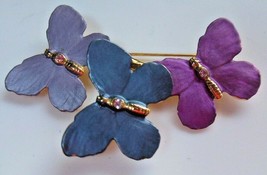 Vintage 3- Butterfly Brooch Gold-tone Purple, Blue &amp; Clear Rhinestones - $23.75