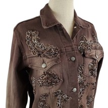 DG2 Diane Gilman Beaded Floral Brown Denim Jean Jacket Small Button Up P... - $27.99