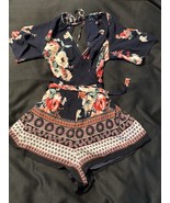 Trixxi Juniors L Floral Boho Romper Wrap Tie Open Back Navy Pink Festiva... - €16,25 EUR