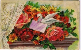 Greeting Postcard Embossed Dove With Message Roses Curtain Made Germany - $2.96