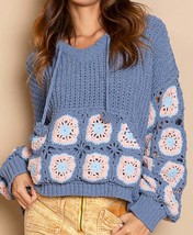 Pol cornflower crochet square patch hooded pullover sweater in Blue - £49.59 GBP