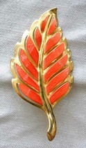 Elegant Mid Century Modern Orange Enamel Gold-tone Leaf Brooch 1960s vintage 3&quot; - $12.95