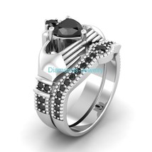 Claddagh Ring Set 2.95Ct Black Simulated Diamond Heart Cut 14K White Gold Size 8 - £202.90 GBP