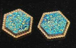 Blue Green Druzy Earrings Post Back Gold Framed Hexagon NEW - $24.99