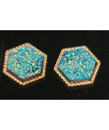 Blue Green Druzy Earrings Post Back Gold Framed Hexagon NEW - $24.99