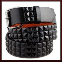 Black Studded Leather Belt Men&#39;s Womens Unisex 3-Rows Pyramid Punk Party... - £7.80 GBP+