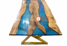 Blue Epoxy Natural Wood Dining Center Table Top Resin River Handmade Furniture - £413.56 GBP+