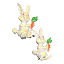 Vintage Lot of 2  White Iridescent Enamel Easter Bunny Rabbit Holding Carrot - £15.93 GBP