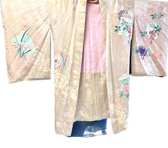 Japanese Kimono Robe Vintage Silk Peach Floral Light Staining - $61.48